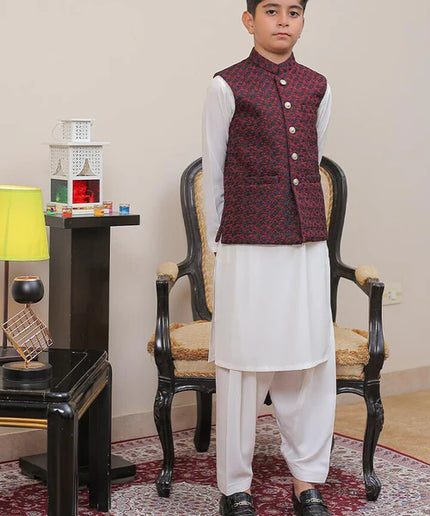 1 Piece | Boys Maroon Banarsi Waistcoat