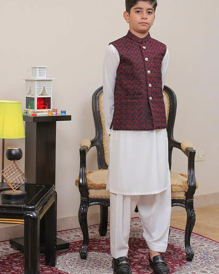 1 Piece | Boys Maroon Banarsi Waistcoat