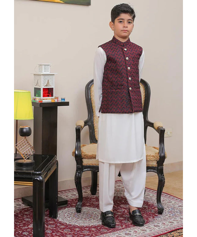 1 Piece | Boys Maroon Banarsi Waistcoat
