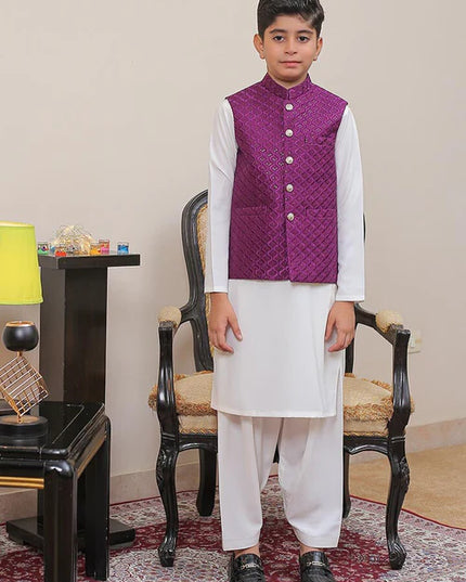1 Piece | Boys Purple Banarsi Waistcoat