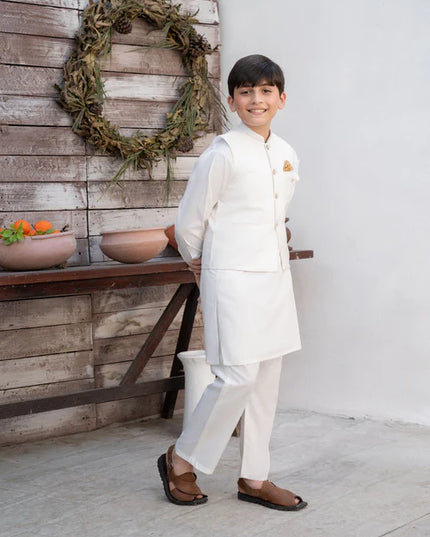 3 Piece | Boys Off White Waistcoat Shalwar Kameez