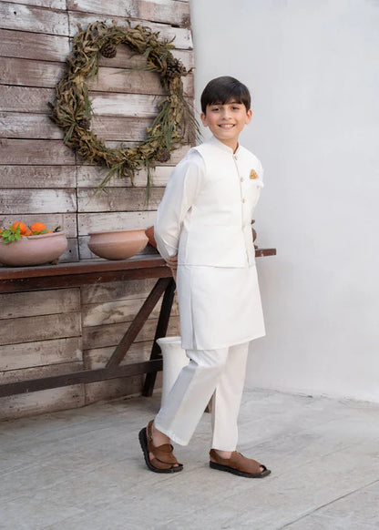 3 Piece | Boys Off White Waistcoat Shalwar Kameez
