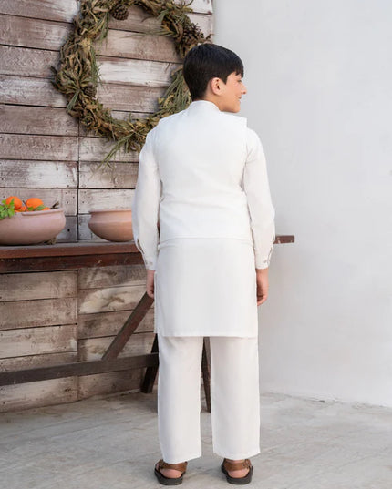 3 Piece | Boys Off White Waistcoat Shalwar Kameez
