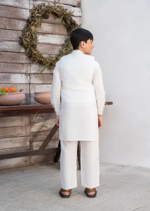 3 Piece | Boys Off White Waistcoat Shalwar Kameez