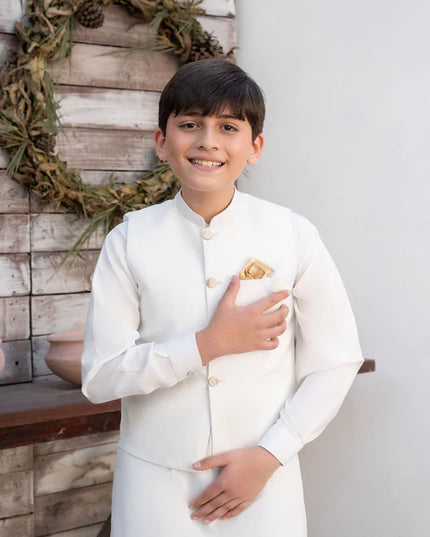 3 Piece | Boys Off White Waistcoat Shalwar Kameez
