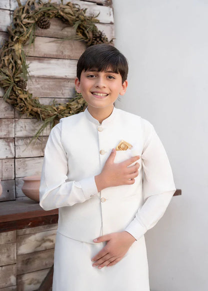 3 Piece | Boys Off White Waistcoat Shalwar Kameez