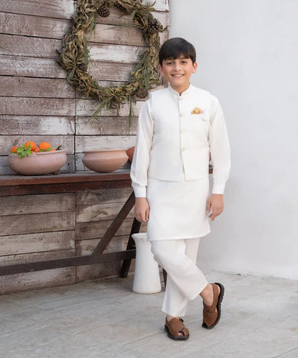 3 Piece | Boys Off White Waistcoat Shalwar Kameez