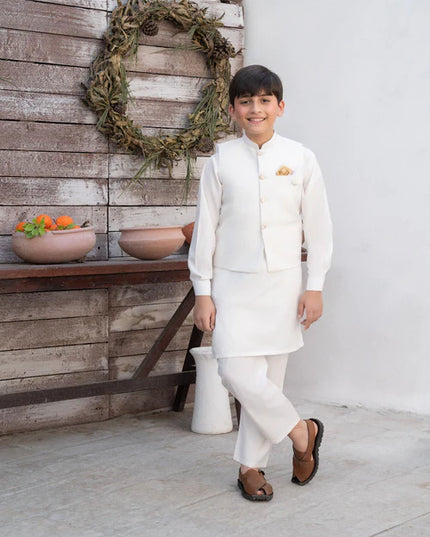3 Piece | Boys Off White Waistcoat Shalwar Kameez