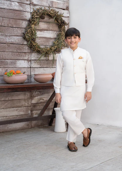 3 Piece | Boys Off White Waistcoat Shalwar Kameez