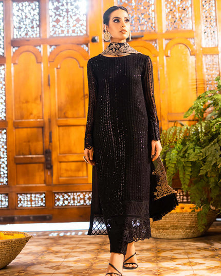 Onyx | Black Sequins Embroidered Chiffon Suit