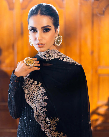 Onyx | Black Sequins Embroidered Chiffon Suit