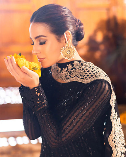 Onyx | Black Sequins Embroidered Chiffon Suit