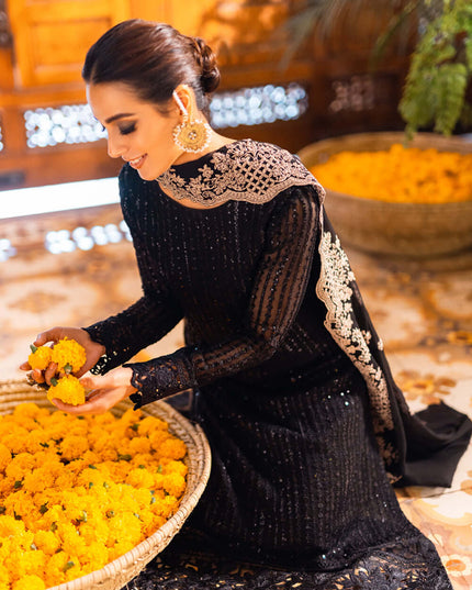 Onyx | Black Sequins Embroidered Chiffon Suit