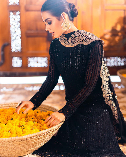 Onyx | Black Sequins Embroidered Chiffon Suit