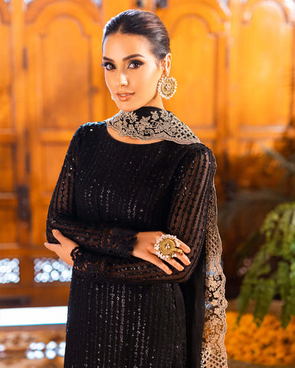 Onyx | Black Sequins Embroidered Chiffon Suit