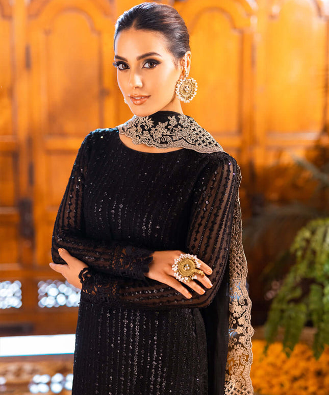 Onyx | Black Sequins Embroidered Chiffon Suit