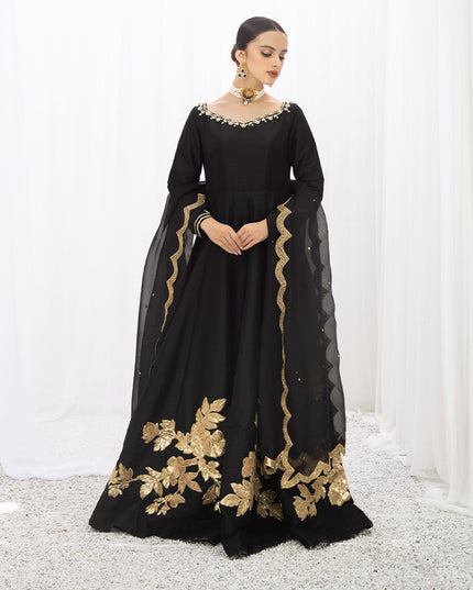 PARIZA | Black Embellished Silk Kalidar Pishwas