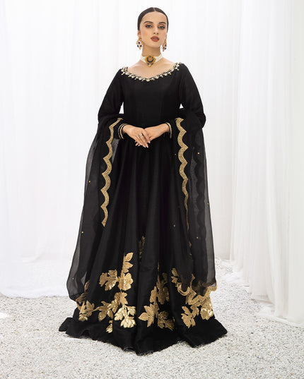 PARIZA | Black Embellished Silk Kalidar Pishwas