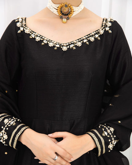 PARIZA | Black Embellished Silk Kalidar Pishwas