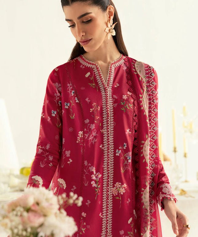 Qalamkar | Red Digital Printed Embroidered Suit
