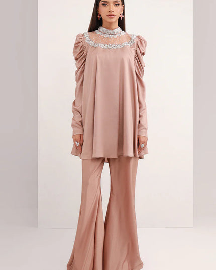 Pastel Brown | Chiffon Peplum Embellished Co Ord Set