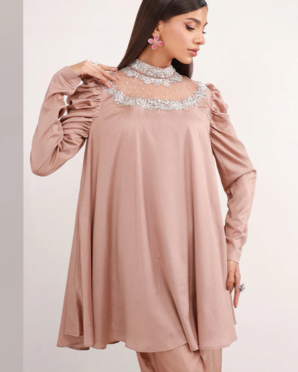 Pastel Brown | Chiffon Peplum Embellished Co Ord Set