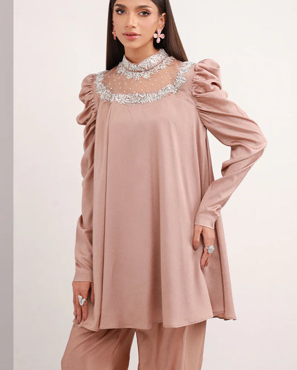 Pastel Brown | Chiffon Peplum Embellished Co Ord Set