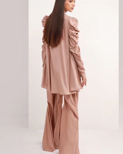 Pastel Brown | Chiffon Peplum Embellished Co Ord Set