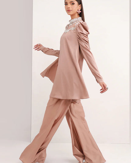 Pastel Brown | Chiffon Peplum Embellished Co Ord Set