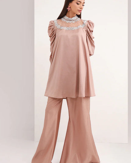 Pastel Brown | Chiffon Peplum Embellished Co Ord Set