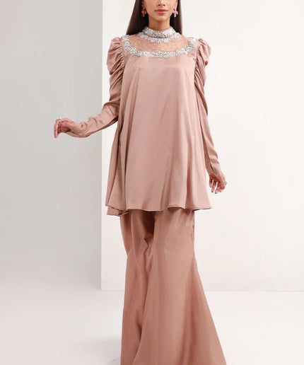Pastel Brown | Chiffon Peplum Embellished Co Ord Set