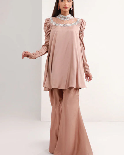 Pastel Brown | Chiffon Peplum Embellished Co Ord Set