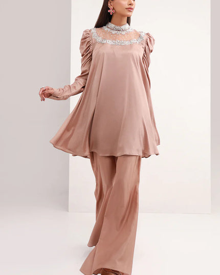 Pastel Brown | Chiffon Peplum Embellished Co Ord Set