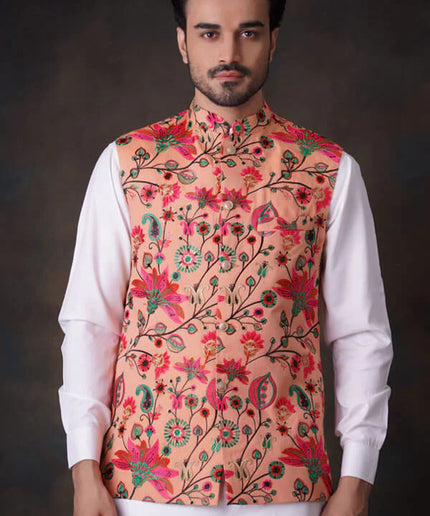 Peach Multicolor Accents All Embroidered Waistcoat