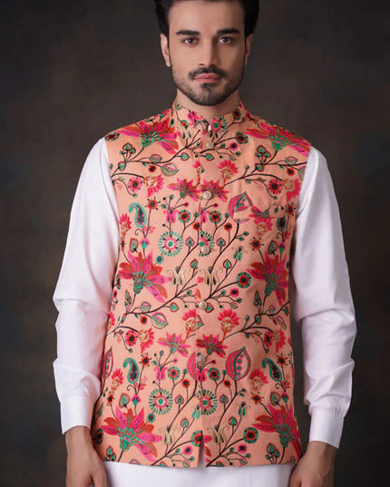 Peach Multicolor Accents All Embroidered Waistcoat