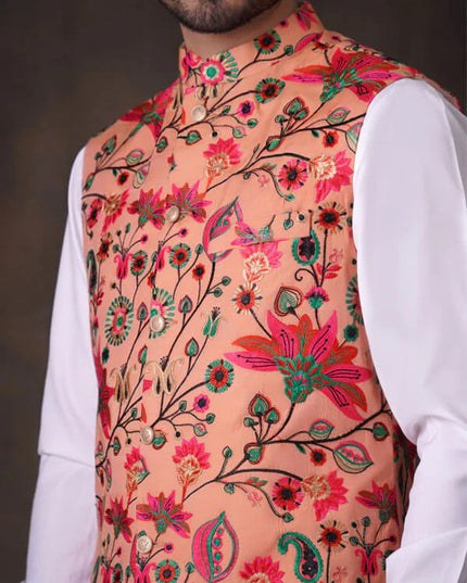 Peach Multicolor Accents All Embroidered Waistcoat