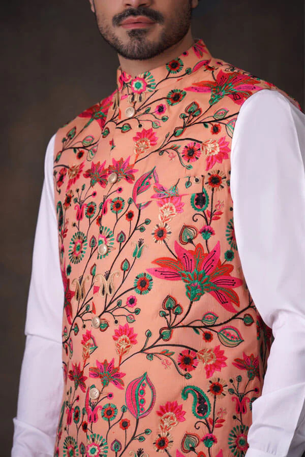 Peach Multicolor Accents All Embroidered Waistcoat