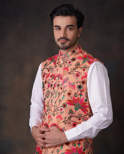 Peach Multicolor Accents All Embroidered Waistcoat