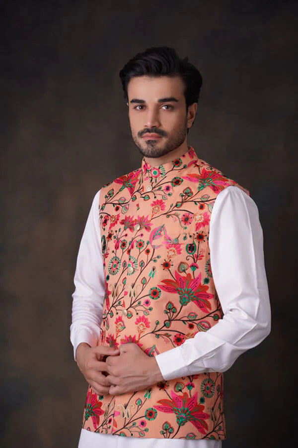 Peach Multicolor Accents All Embroidered Waistcoat