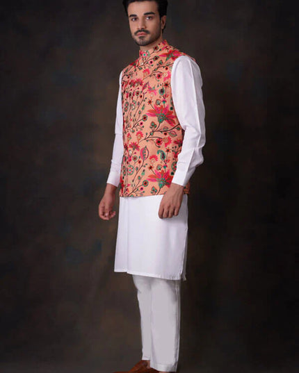 Peach Multicolor Accents All Embroidered Waistcoat