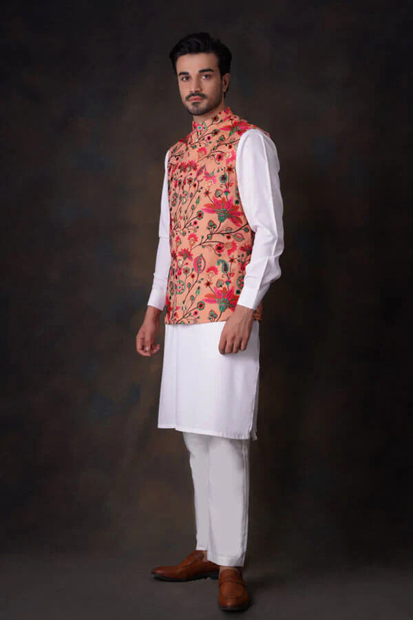 Peach Multicolor Accents All Embroidered Waistcoat