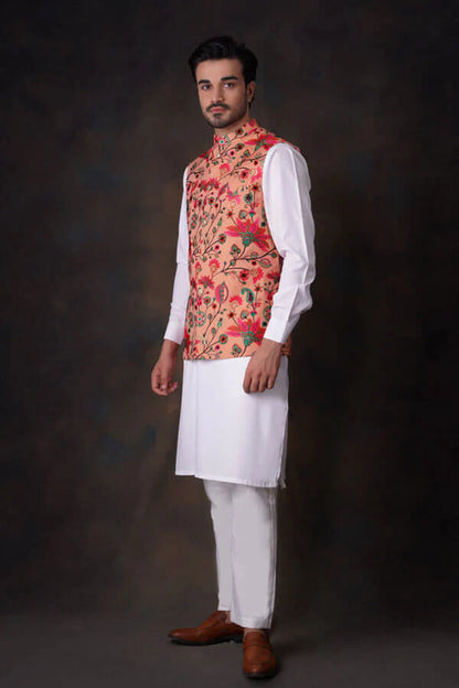 Peach Multicolor Accents All Embroidered Waistcoat