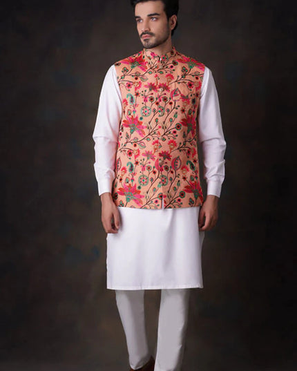 Peach Multicolor Accents All Embroidered Waistcoat