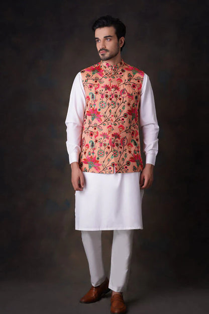 Peach Multicolor Accents All Embroidered Waistcoat