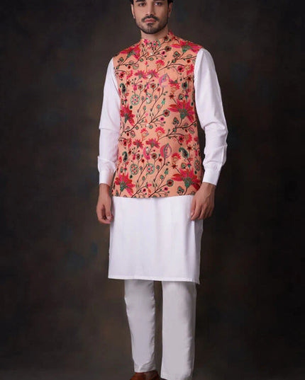 Peach Multicolor Accents All Embroidered Waistcoat