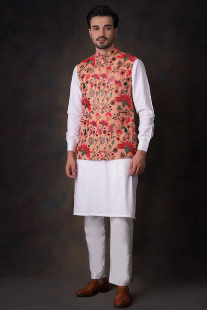 Peach Multicolor Accents All Embroidered Waistcoat