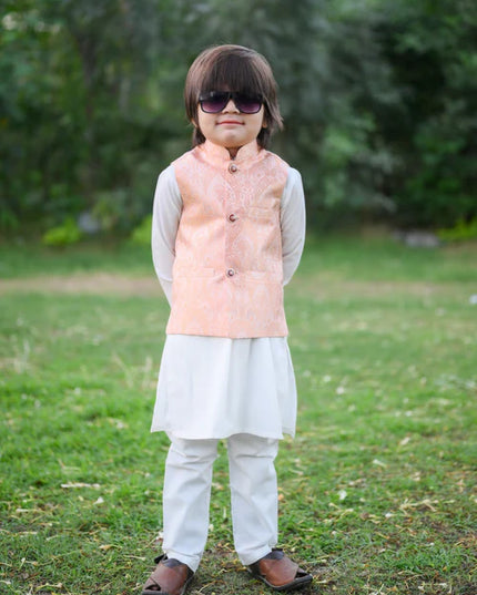 3 Piece | Boys Peach Waistcoat Kurta Trouser