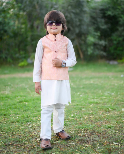 3 Piece | Boys Peach Waistcoat Kurta Trouser