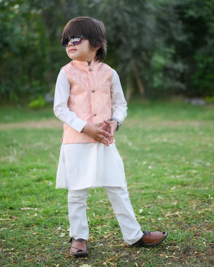 3 Piece | Boys Peach Waistcoat Kurta Trouser