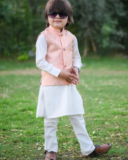 3 Piece | Boys Peach Waistcoat Kurta Trouser